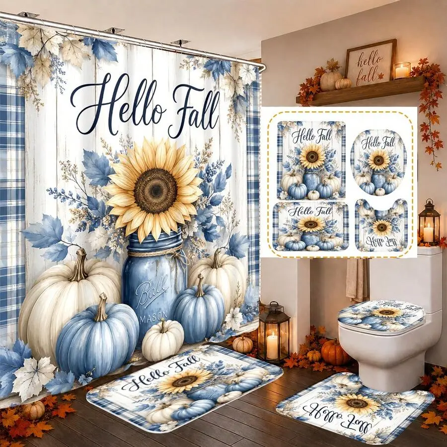 1pc/4pcs Vintage Blue Pumpkin & Sunflower Pattern Multi-Functional Bathroom Decor Shower Curtain Set, Free 12 Hooks, Premium Holiday Atmosphere, Bathroom Mat, U-Shaped Rug And Round Toilet Lid Cover, Suitable For All Occasions Bathroom Set