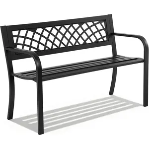 Garden Bench,Outdoor Benches,Iron Steel Frame Patio Bench with Mesh Pattern and Plastic Backrest Armrests for Lawn Yard Porch Work Entryway,Black