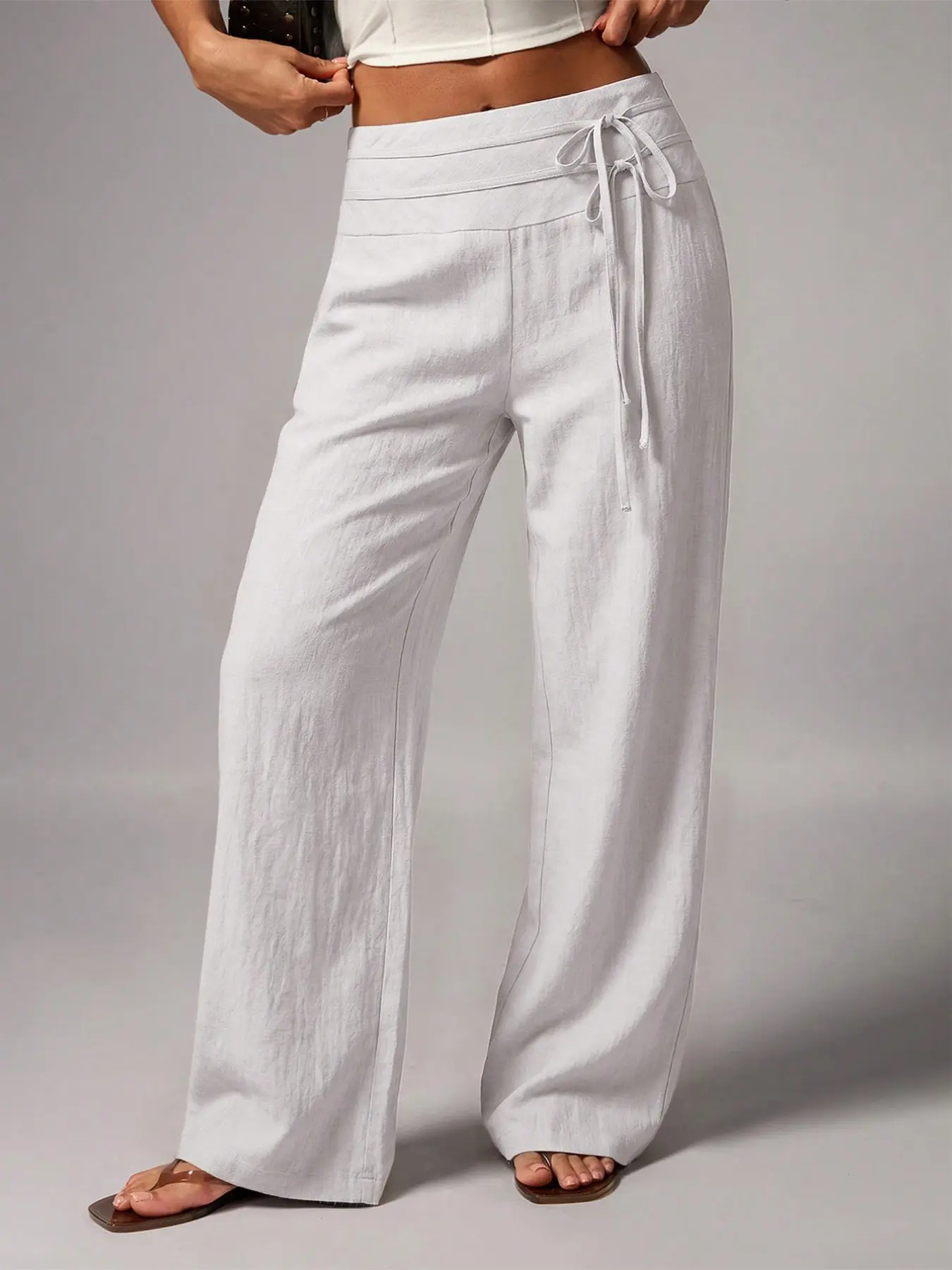 Women's Vacation Casual Low Waist Wide Leg Long Pants, Featuring Dual Belt Tie Decorations, Perfect for Relaxing