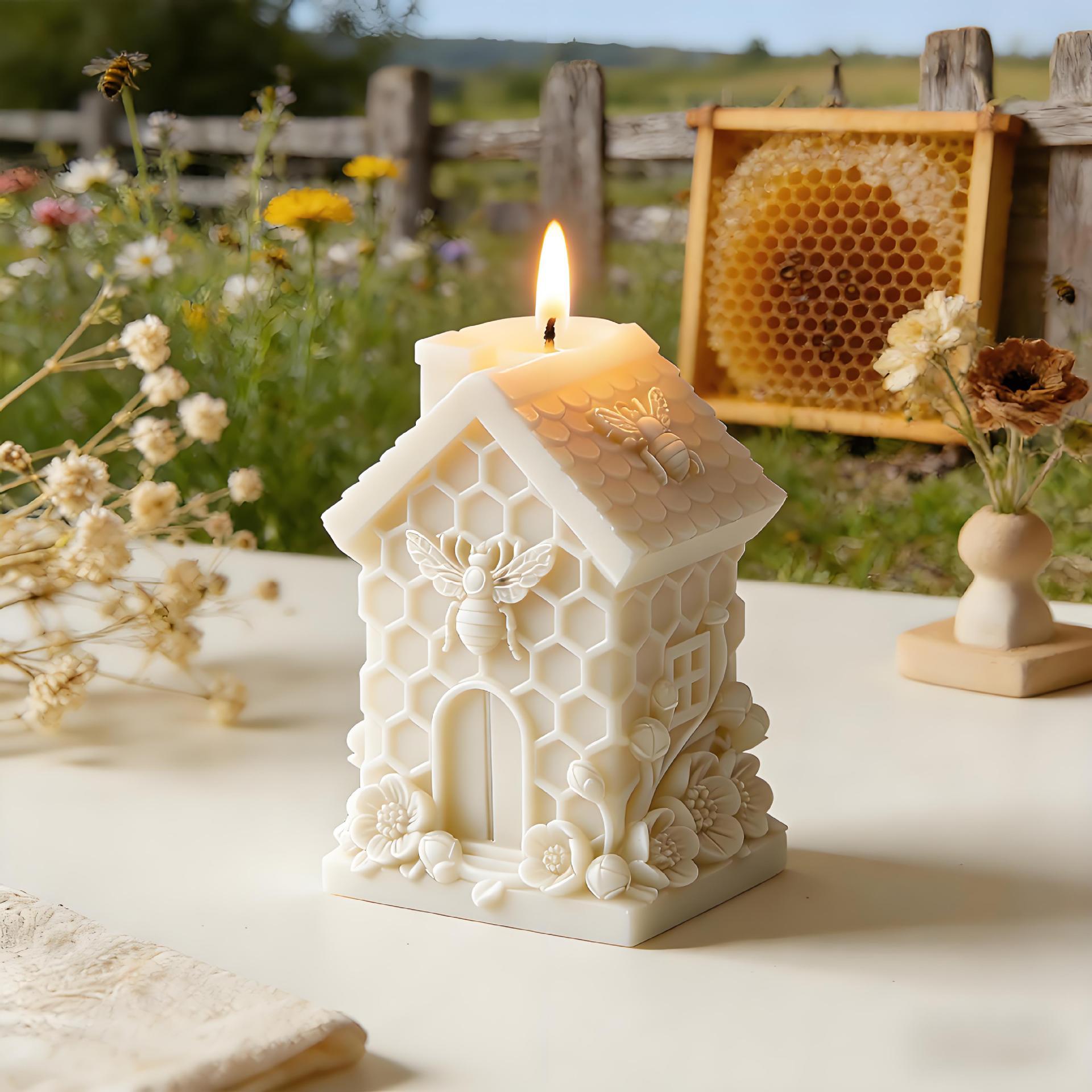 Honeycomb Small House Embossed Flower Candle Mold DIY Honeycomb Hut Shape Multifunctional Aromatherapy Plaster Epoxy Soap Mold Easy To Release Creative Handmade Ornaments