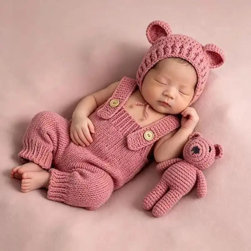 Unisex Newborn 3-Piece Clothing Gift Set - Hand-Knitted Synthetic Bear Romper, Hat, Toy Photo Prop, Special Gift Set for Baby Clothes Shower Presents