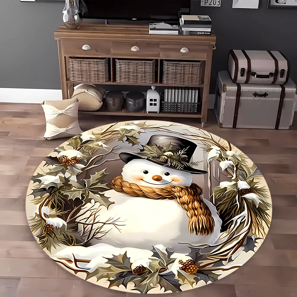 Christmas 1-Piece Round Shape Wrinkle-Resistant Flannel Area Mat - 100% Polyester Snowman Design Household Textiles Carpet for Bedroom/Office Holiday Decor