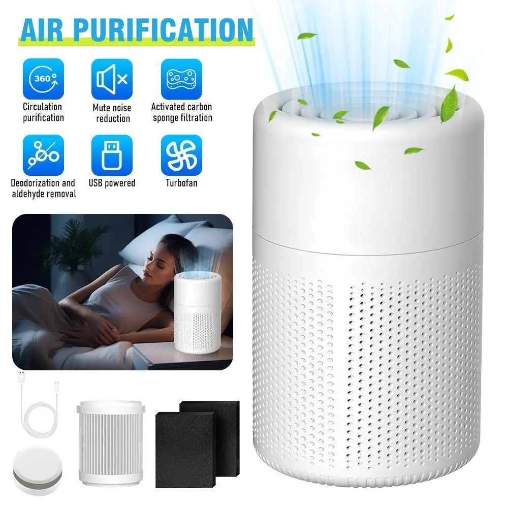 【Summerfinds】USB-Powered Air Purifier, 20dB Quiet Operation, Built-in Activated Carbon Layer + HEPA Sponge Purification, Odor Removal for Living Room Against Pet Dander, Pollen, Smoke Pollutants