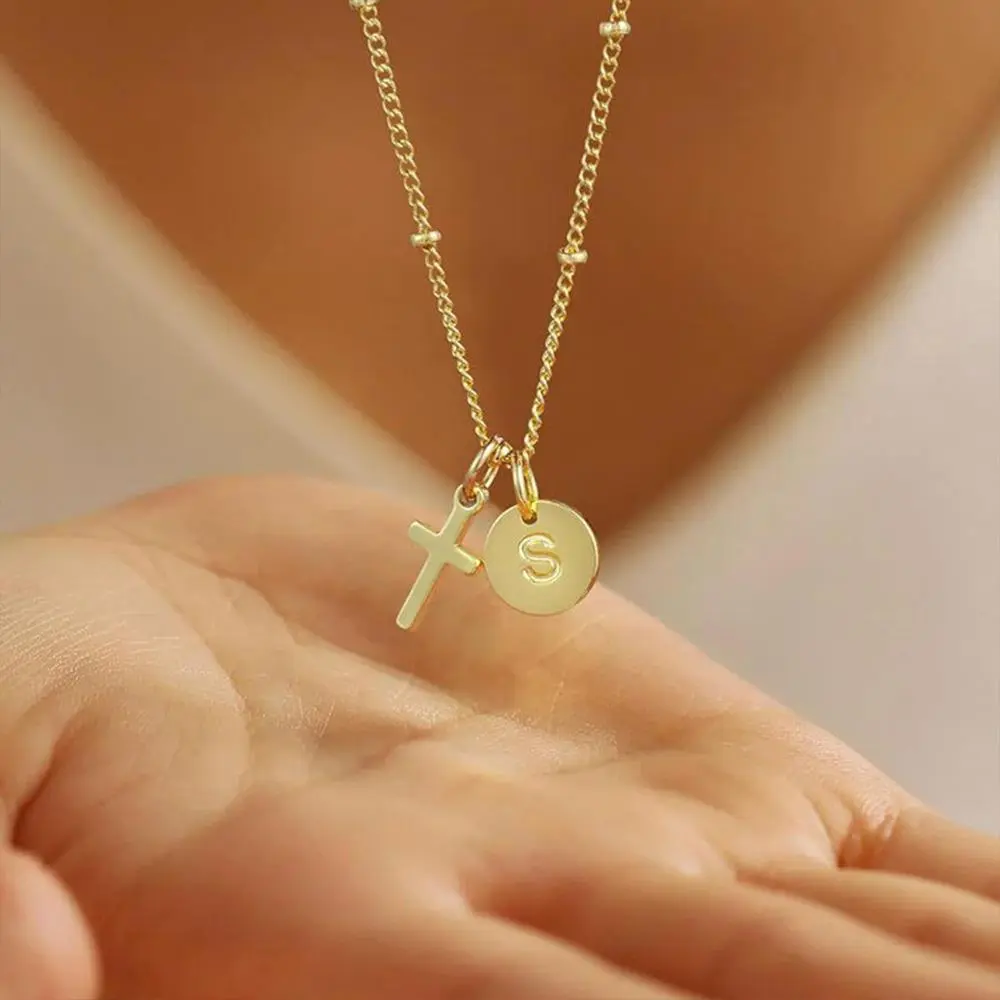 Dainty Faith Cross Pendant Necklace, 14K Gold-Plated Disc Letter A-Z Cross Pendant Trendy Personalized Adjustable Chain First Communion Gifts Birthday Jewelry