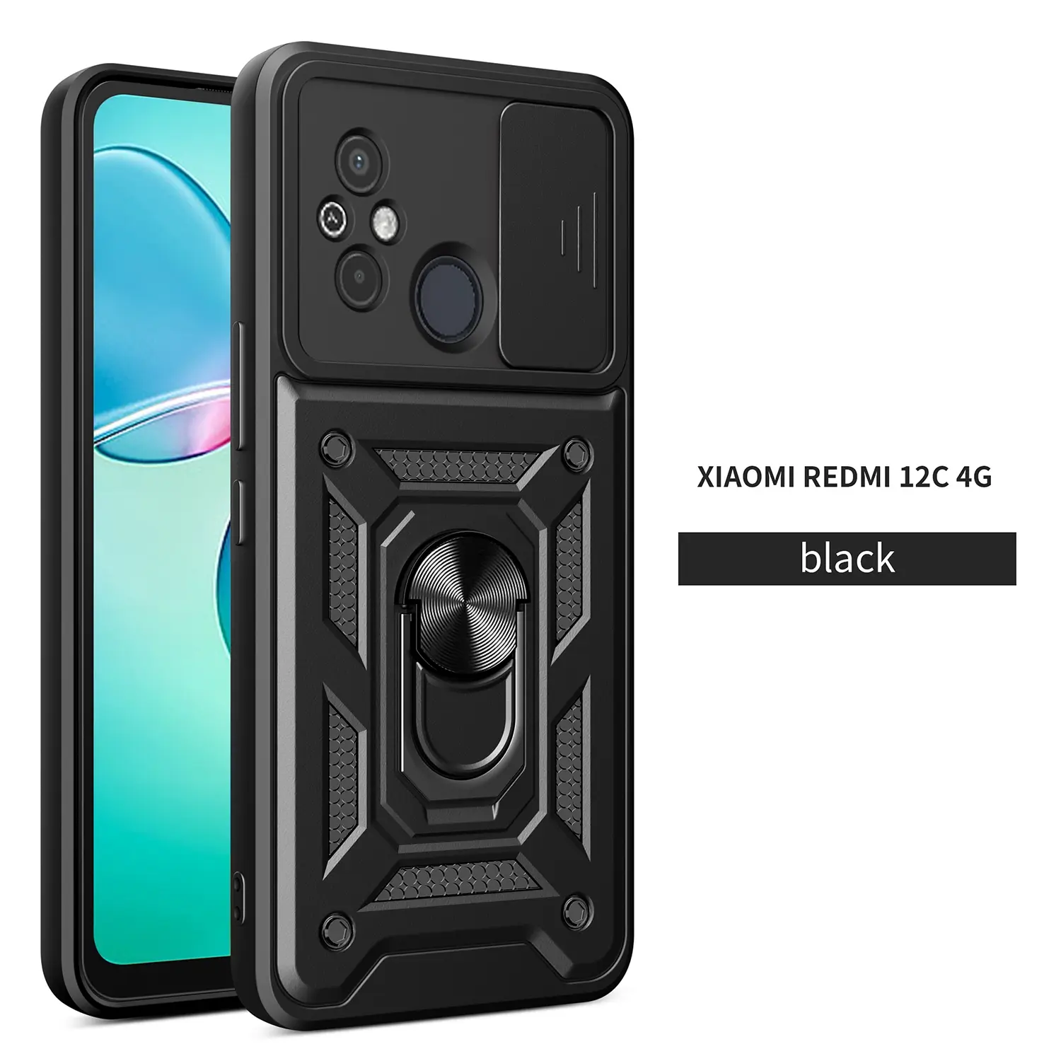 Case for Xiaomi Redmi 12C 4g Shockproof Dual-Layer, Flexible Adjustable Ring Stand, Lens Cover, Anti-Scratch Dust Proof, Long-Lasting Protection for Xiaomi Redmi 12C 4g Case