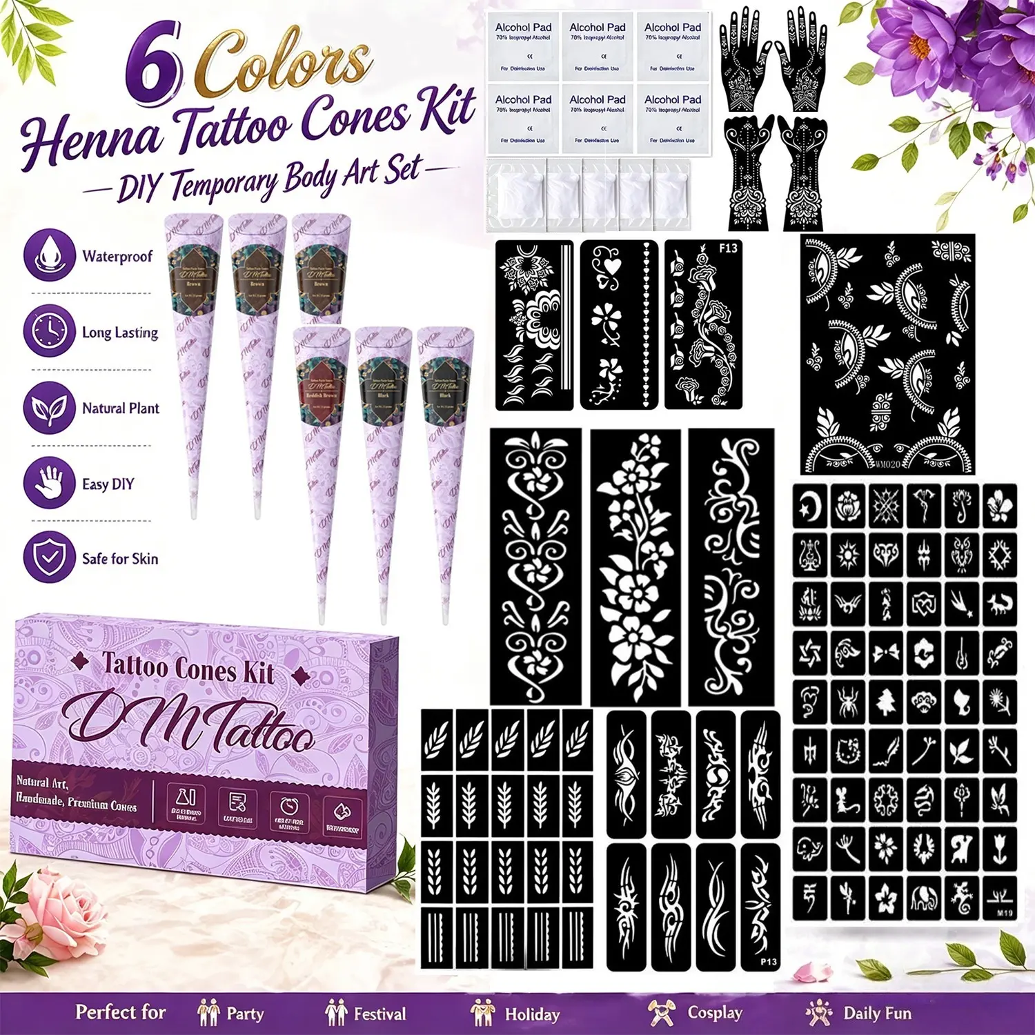 Creative DIY henna tattoo paste set with vibrant colors, Hena Tattoos, Temporary Tattoo. Various stencils for diverse designs. Mild skin-friendly texture, waterproof lasting color, add charm to festive dressing styles.