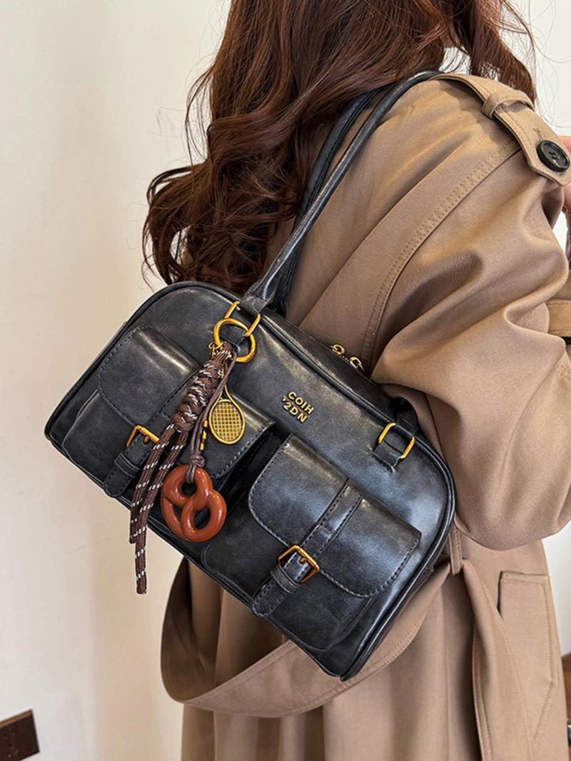 Women's Solid Color Classic Flap Shoulder Bag, Fashionable Large Capacity Shoulder Bag with Charm, Casual Versatile Commuting Bag for Daily Used