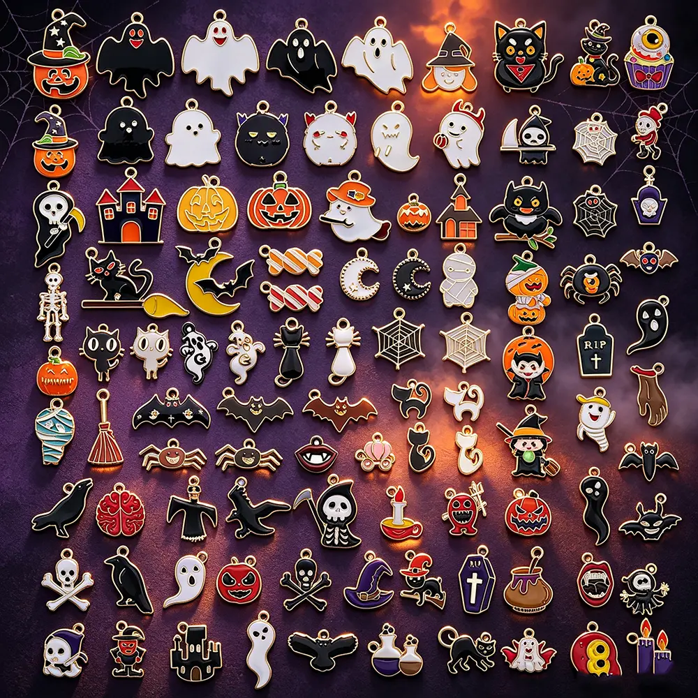 60pcs Mix Halloween Charms Bulk Golden Enamel Jewelry Pendants for DIY Necklace Earrings Bracelet