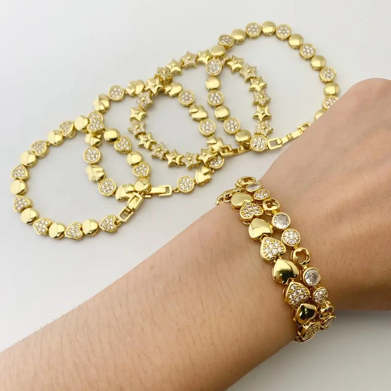 6 Styles Gold Plated Link Bracelets for Women, Star Heart Round Crystal Rhinestone Stackable Bracelet, Dainty Waterproof Chunky Wrist Jewelry for Daily Party Wedding Gift