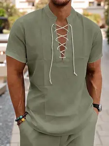 Men's V-Neck Tie Front Linen Shirt, Summer Fashion Wear, Ideal for Beach, Vacation, and Casual Light Sports Occasions
