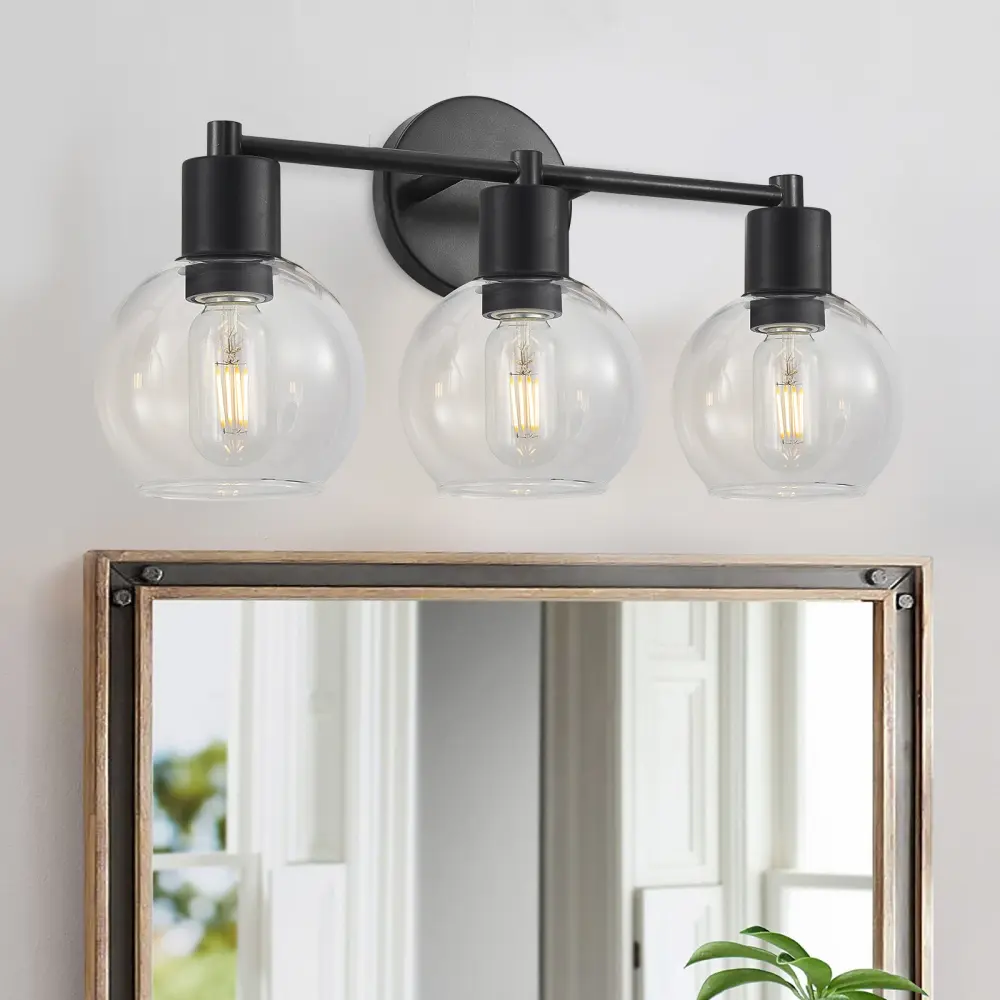 3 Light Globe Bathroom Vanity Light Fixture, Modern Industrial Black Metal Wall Sconce with Clear Glass Shades, Farmhouse Wall Lighting for Bathroom Bedroom Hallway Mirror, Vintage Vanity Lamps, Indoor Wall Mount Light Fixture, No Bulbs Included