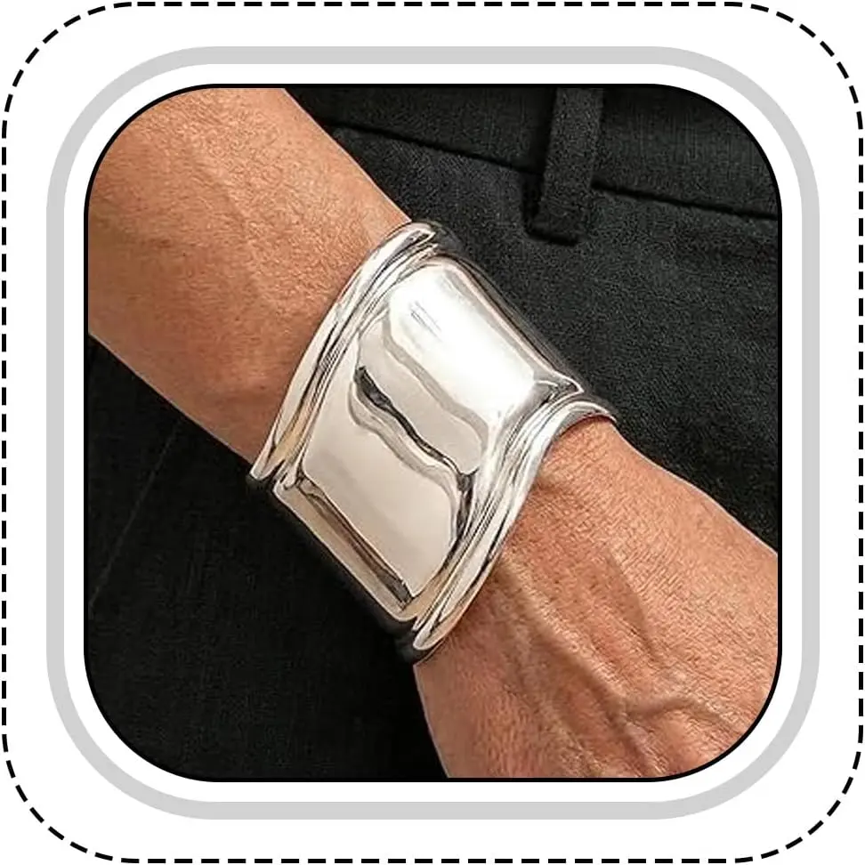 Chunky Metallic Arm Cuff Bracelet, Trendy Thick Wrist Cuff Bangle, Lustrous Finish Statement , Adjustable Open Punk Style Bracelet Accessory