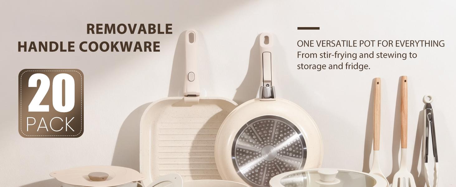 Nonstick Ceramic Cookware Set 20-Piece - Pots and Pans Set with Detachable Handle - RV Stackable Kitchen Cooking Set, Induction/Dishwasher/Oven Safe, with Frying, Cream White