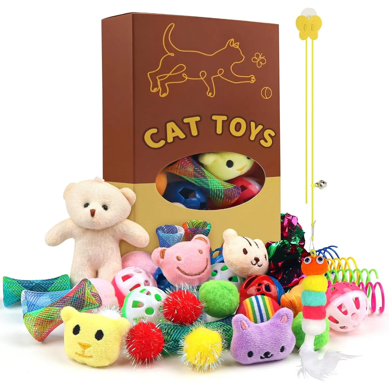 Kitten Toys - 38 count  Play Set, Sparkle Balls, Plush Pom Pom Balls,  Door ,  Box Styles