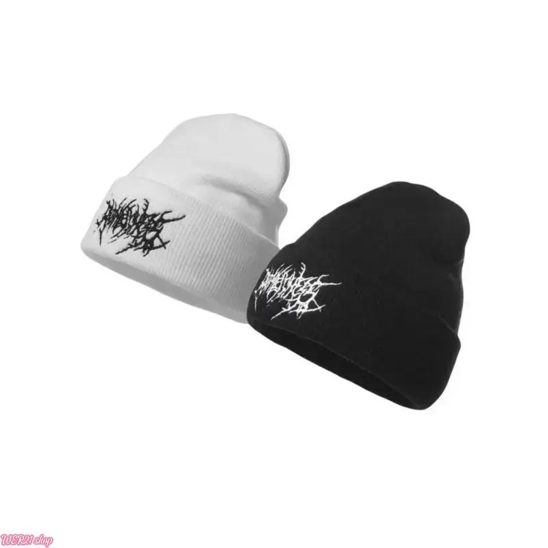 [WER21]Unisex Solid Color Embroidered Gothic Street Punk Knit Beanie - Warm Acrylic Cold Weather Skull Cap, Adjustable, Streetwear Style, Couple-Friendly, Men's Accessories, Hats, Cool Mens Gifts, Gifts for Him for Autumn & Winter