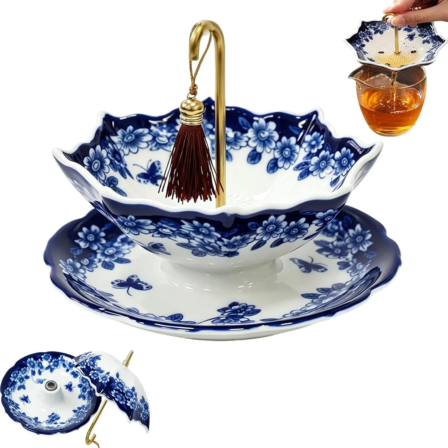 Umbrella Tea Infuser,Blue and White Porcelain Umbrella Shape Ceramic Tea Strainer,Loose Leaf Tea Filter with Rotating Handle,Tea,Coffee Brewing (Blue)