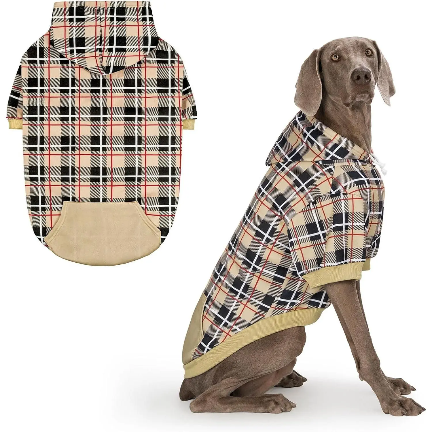 Plaid Dog Hoodie British Style Warm Dog Sweater with Leash Hole Pitbull Clothes Winter Coat Apparel for All Breeds Puppy Girl Boy Cat Apparel Beige Large