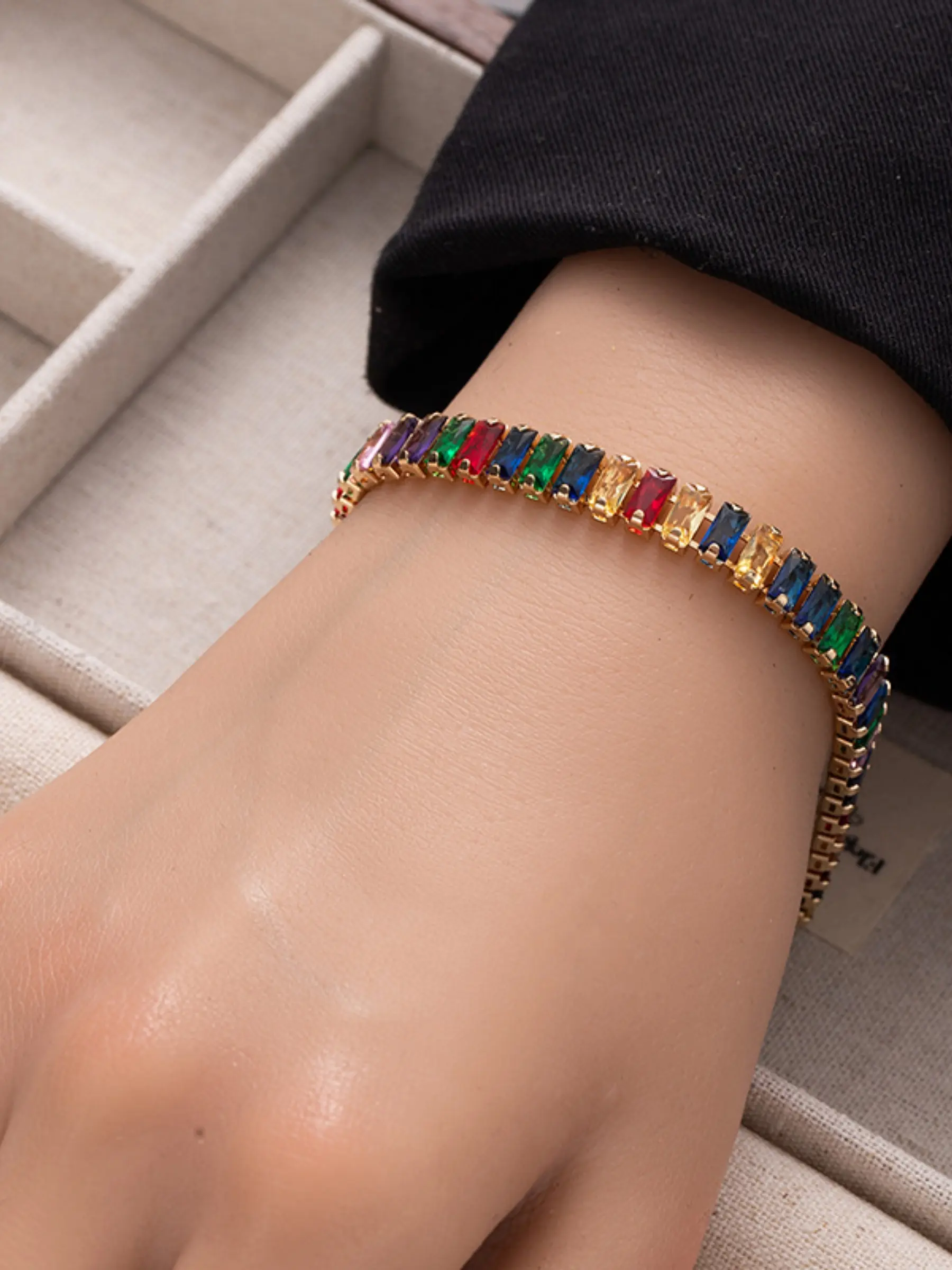 Adjustable Tennis Bracelets for Women Teen Girls Rainbow Cubic Zirconia Bracelet 14K White Gold Plated Hypoallergenic Slider Bracelet Fashion Wrist Jewelry Gift