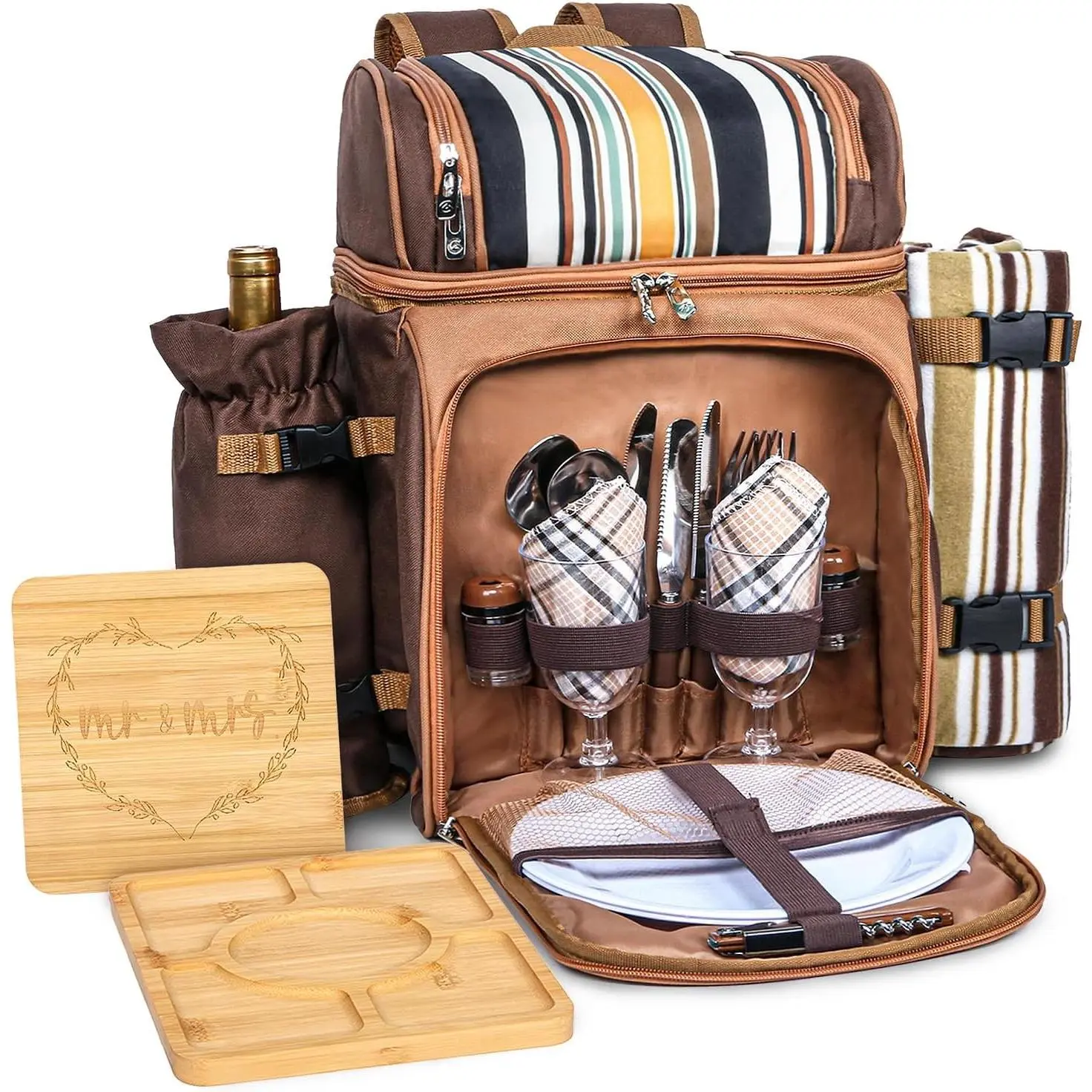 Picnic Basket Backpack for 2 Person with Blanket, 2 Charcuterie Board, Engagement Gifts for Couples, Gifts Ideals for Wedding, Housewarming, White Elephant, Bridal Showers