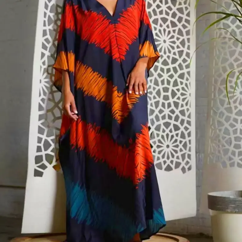 Plus Size Striped Print Tie Dye Dress, Boho Casual Kaftan Batwing Sleeve Split Hem Dress for Summer Beach Holiday Vacation, Women's Clothes for Daily Wear