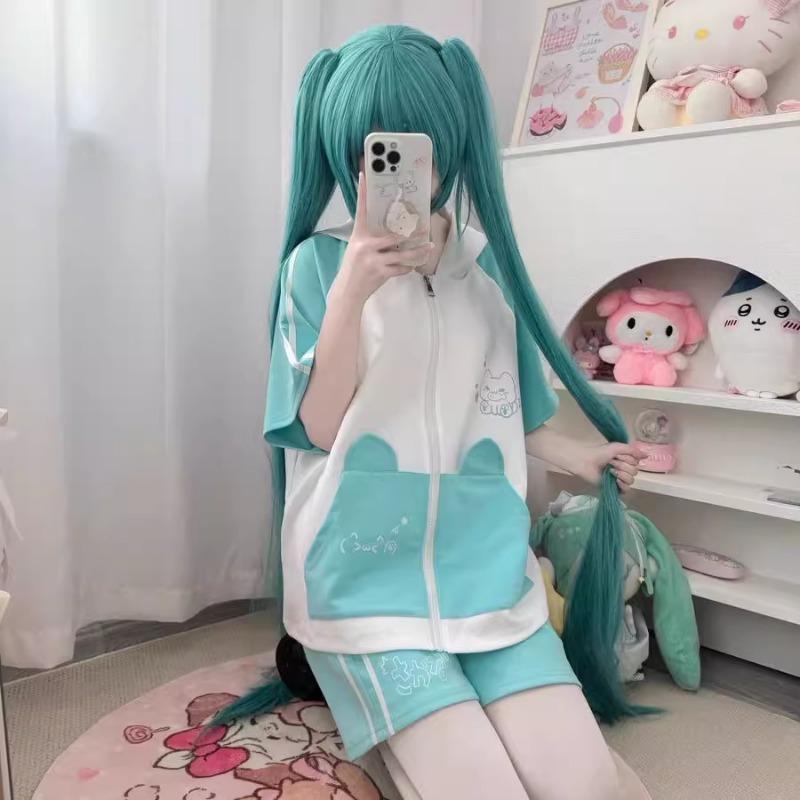 Hatsune Miku Hooded Short Sleeve Tracksuit Cat Ears Cartoon Hatsune Miku Drawstring Shorts Girls Holiday Gifts Casual Fashion