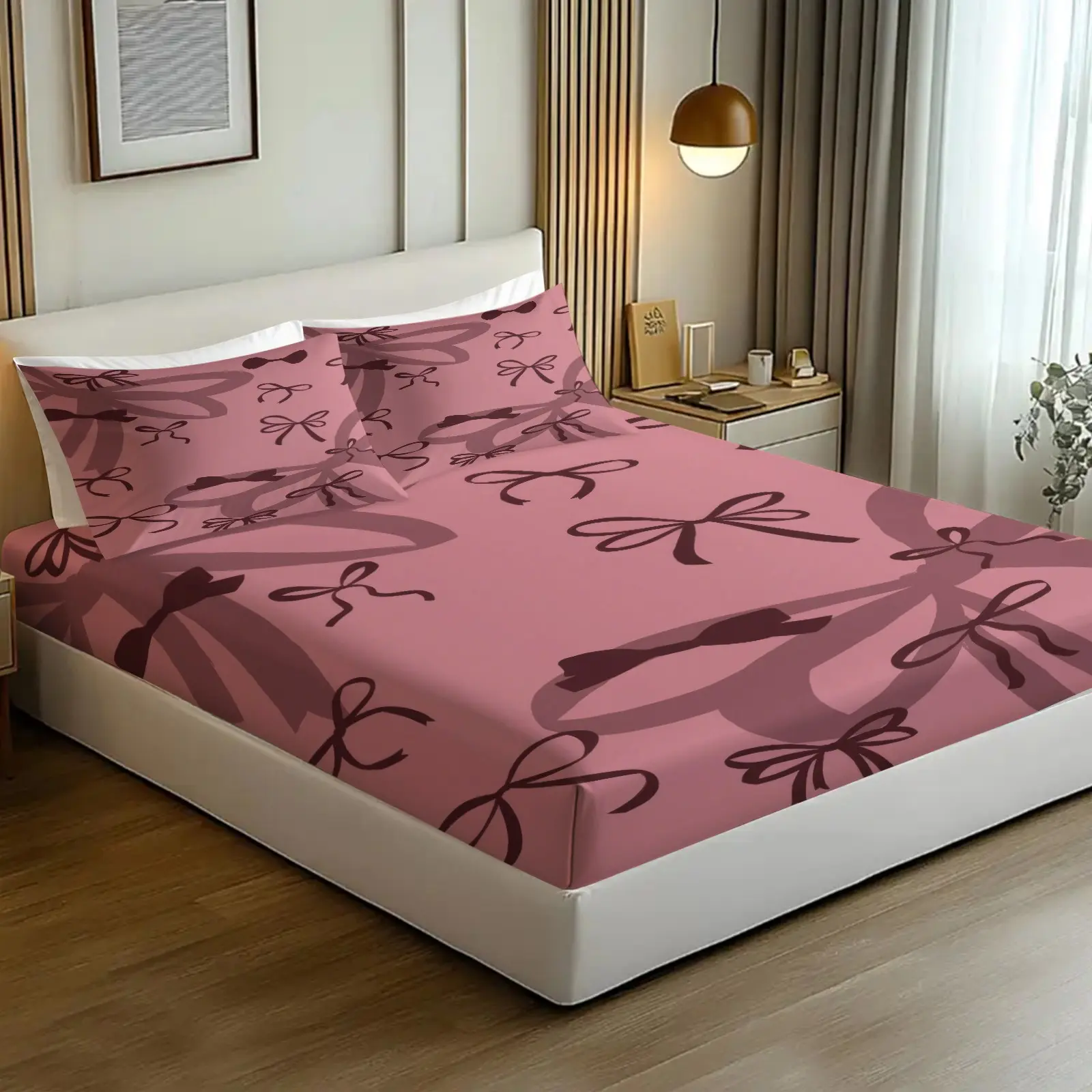 3Pcs Pink Bow Fitted Sheet Set, 1 Fitted Sheet & 2 Pillowcases No Filling, Deep Pocket Bed Sheets, Sweet Coquette Style Bedding For Girls Bedroom Dorm Decor