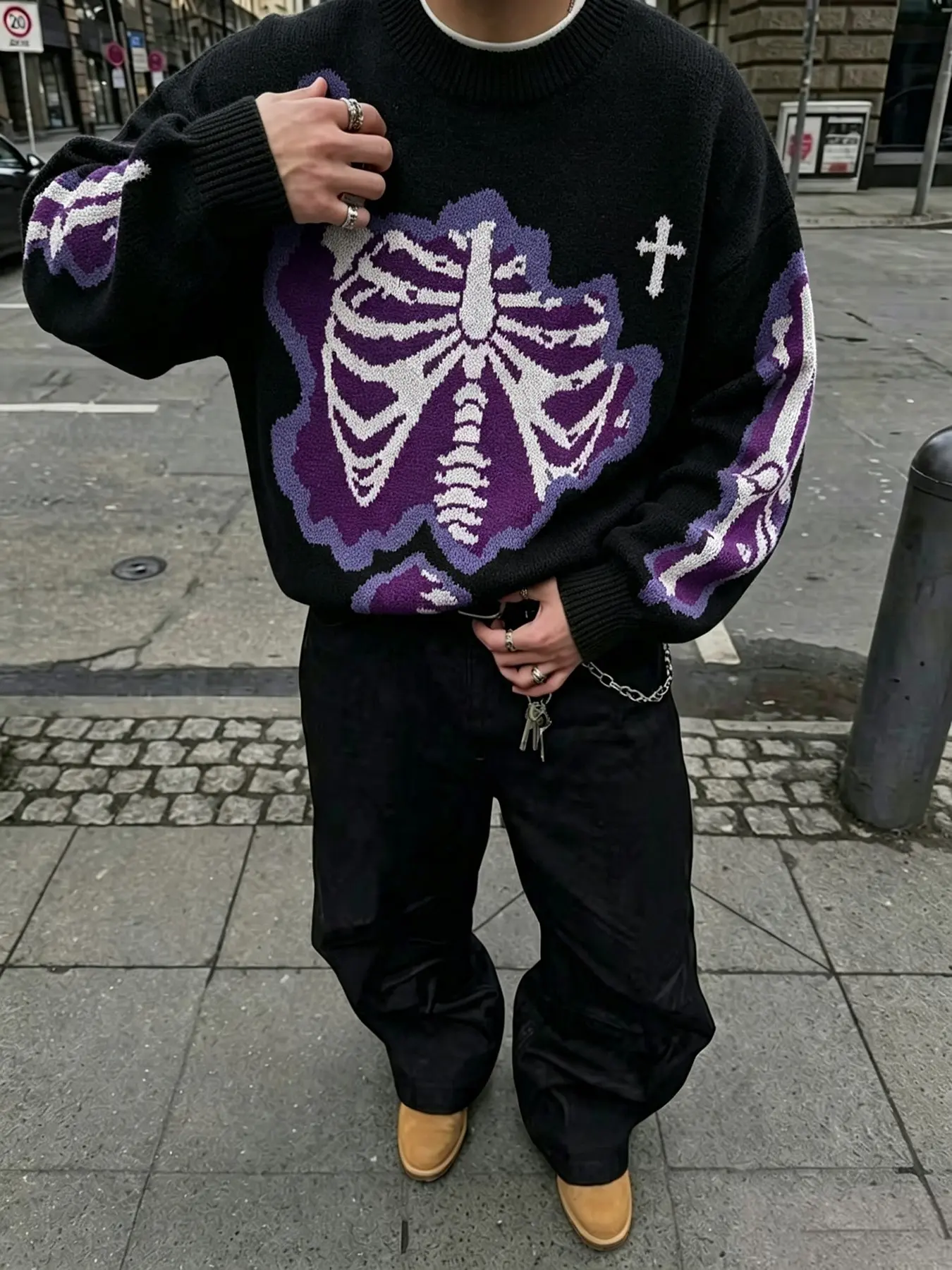 American Dark Skull Skeleton Knit Sweater for Men, Loose Fit Drop Shoulder Pullover, Subculture Cross High Street Fashion Top