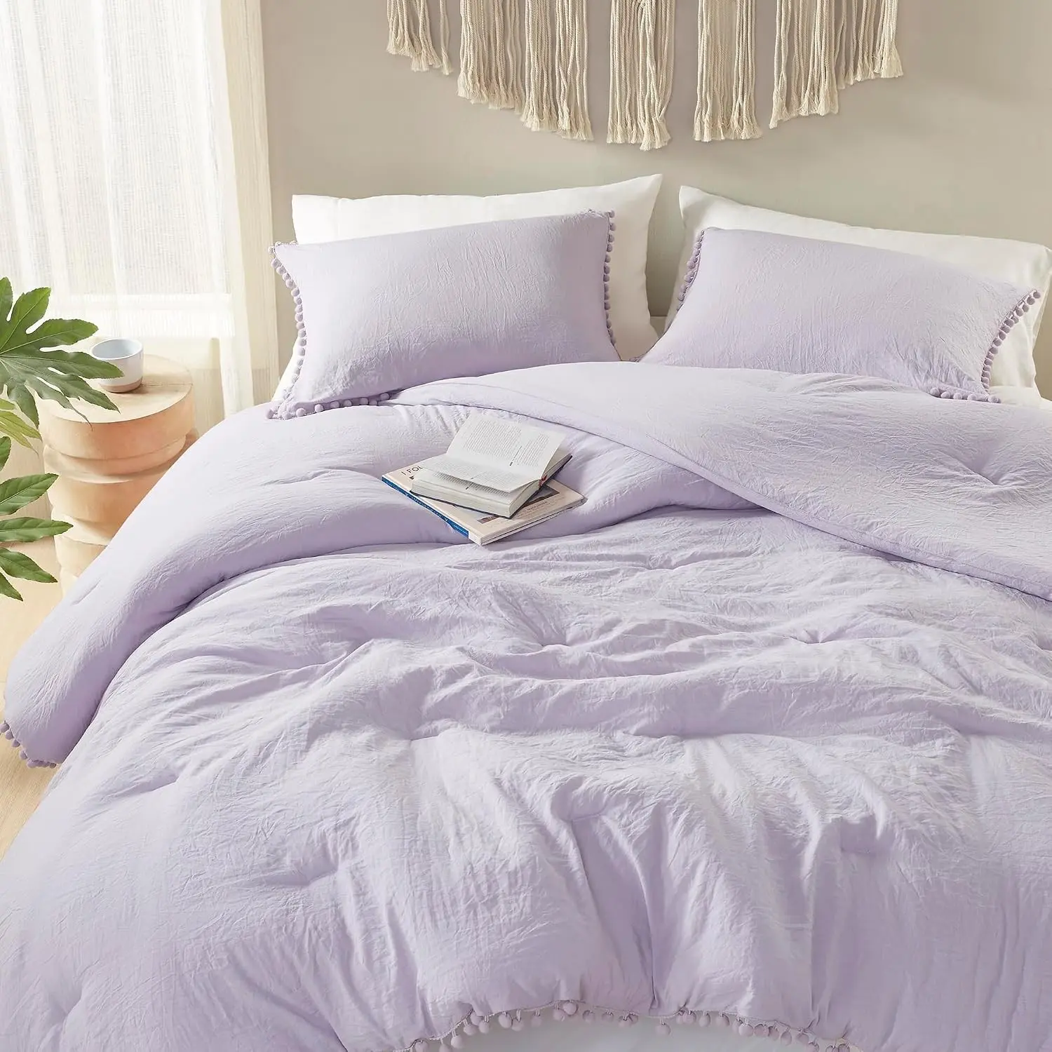 Lilac Comforter Twin Set for Teens and Adults, Aesthetic Boho Pom Pom Fringe Bedding, Soft Washed Microfiber, Lightweight, Dorm & Bedroom Ready, 1 Comforter + 1 Pillowcase, 68"x90"
