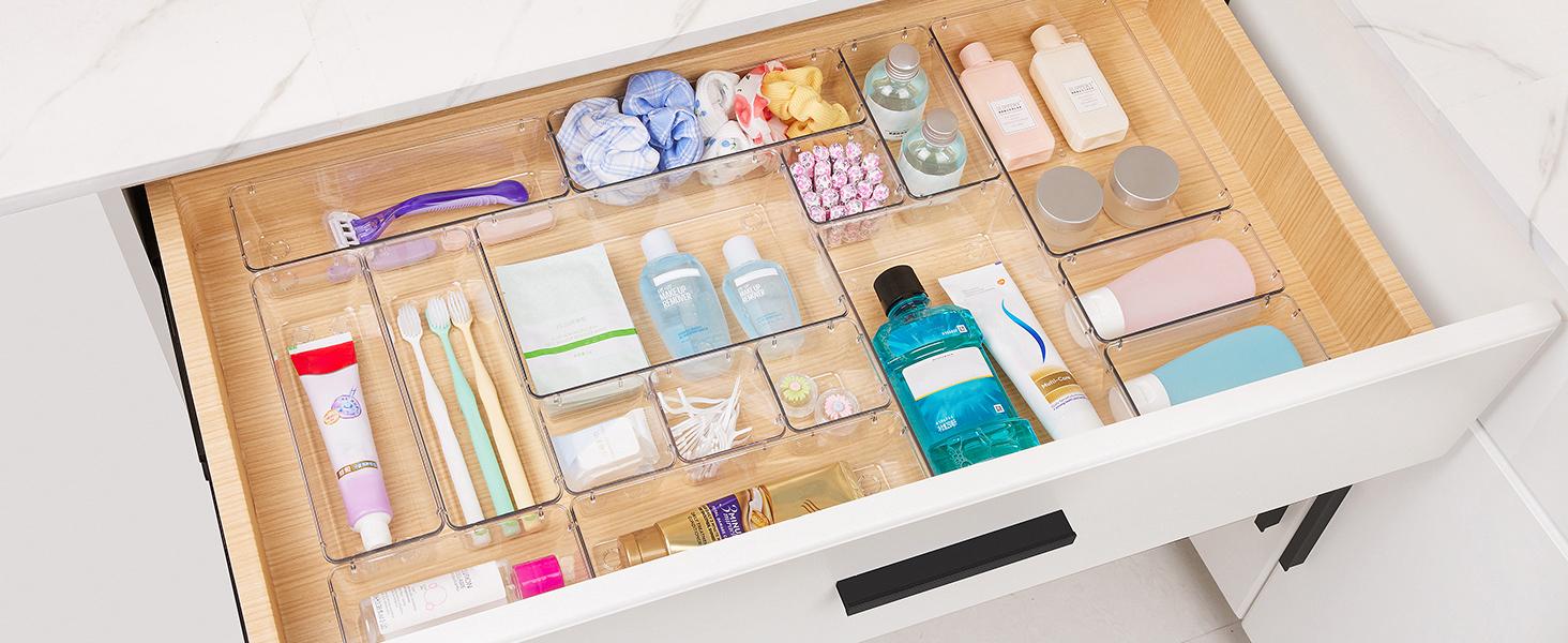 44 PCS Clear Plastic Drawer Organizers Set, 4-Size Versatile Bathroom and Vanity Organizer Trays, Non-Slip Storage Containers for Makeup, Jewelries, Bedroom,Kitchen Utensils and Office 44 PCS Clear Plastic Drawer Organizers Set, 4-Size Versatile Bathroom and Vanity Organizer Trays, Non-Slip Storage Containers for Makeup, Jewelries, Bedroom,Kitchen Utensils and Office
