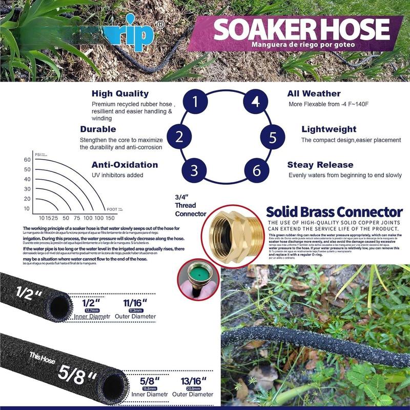 5/8" 15FT Heavy Duty Soaker Hose with Brass Connectors Ultra-Flexible Drip Irrigation for Gardens, Lawns & Raised Beds 5/8" 15FT Heavy Duty Soaker Hose with Brass Connectors Ultra-Flexible Drip Irrigation for Gardens, Lawns & Raised Beds