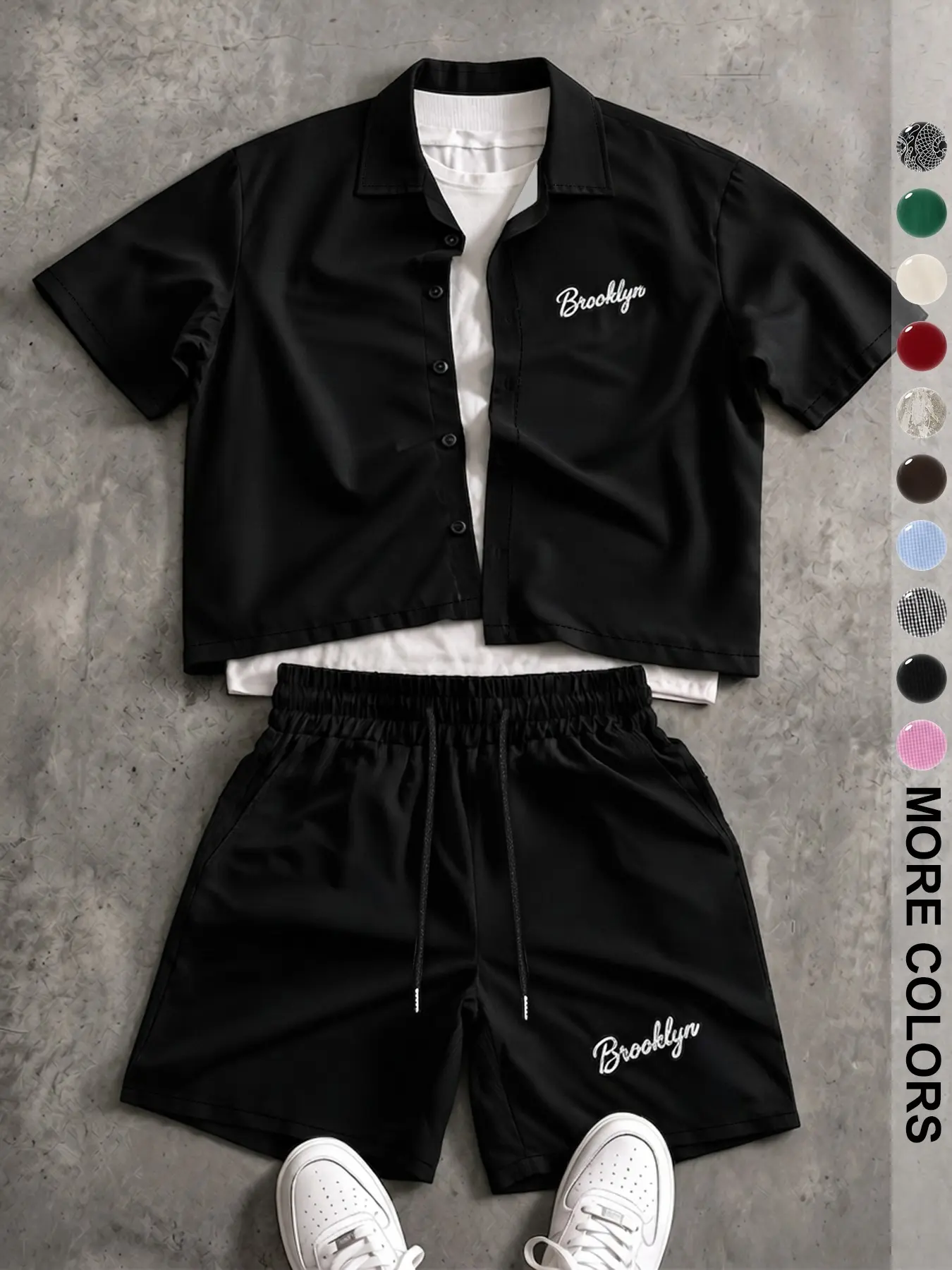 Men's "Brooklyn" letter-print two-piece set: includes a short-sleeved collared shirt and drawstring casual shorts for a relaxed, laid-back summer look.
