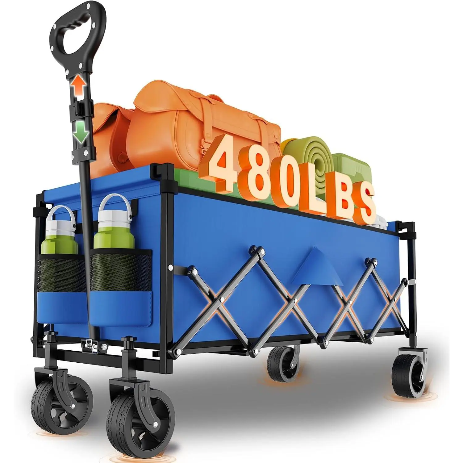 Extra Long Collapsible Utility Wagon Cart, Heavy Duty 480 LBS Load Capacity Foldable Trolley with All-Terrain Wheels, Portable Multi-Purpose Cart for Camping, Beach, Gardening & Grocery Shopping, Royal Blue