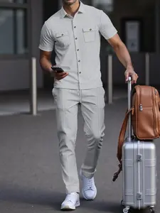 2026 New Men's Set, Christmas Gift, Friday, Summer Short Sleeve, Waffle Pattern, Loose Fit, Ankle Length, Casual Pants