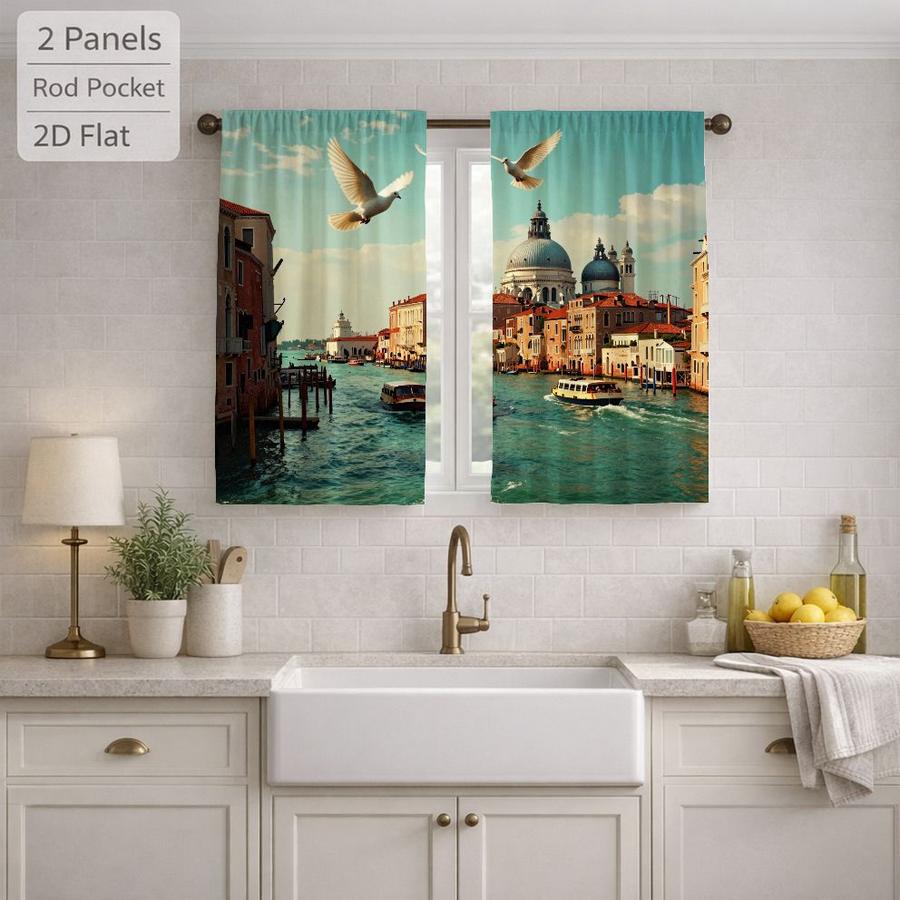 2Pcs Scenic Venice Cityscape Birds Pattern Sun Blocking Curtains Digital Printed Rod Pocket, Window Treatment For Bedroom Office Kitchen Living Room Study Home Decor