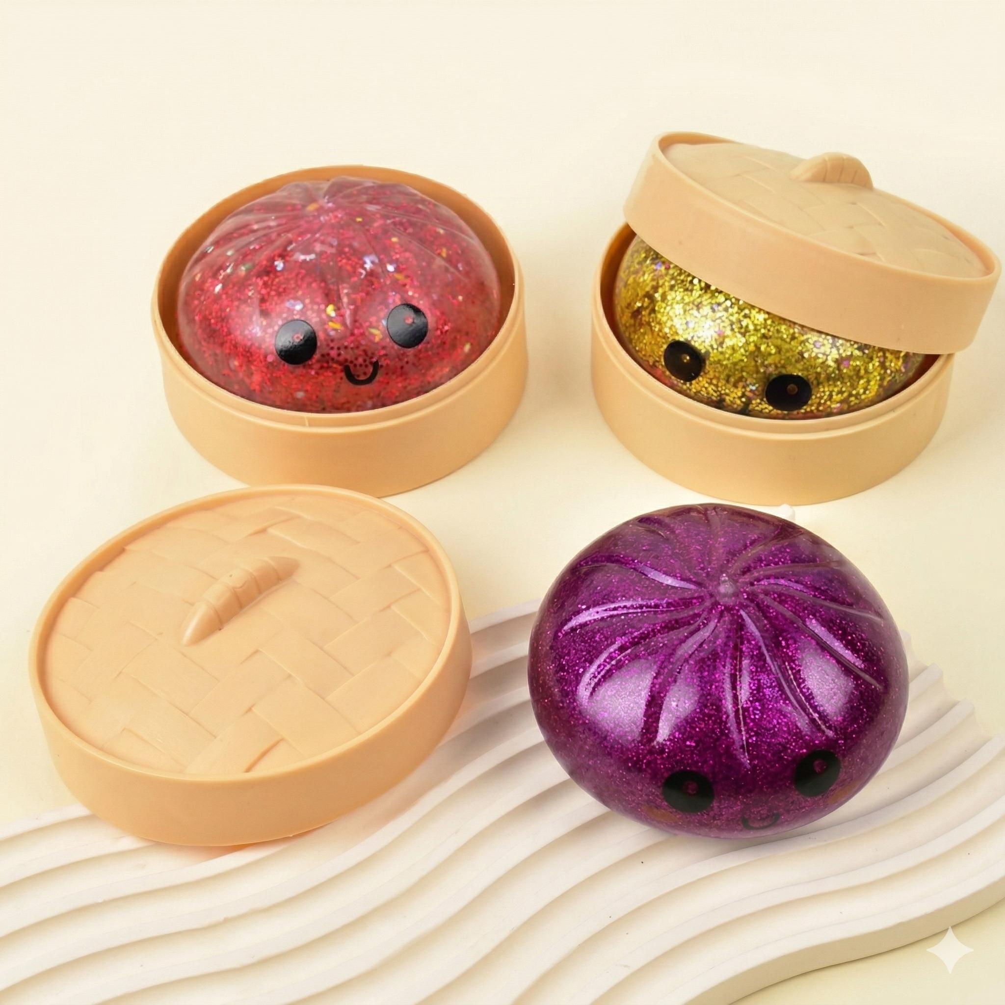 [Four colors, 10cm/3.94in] Giant Glitter Dumpling, Giant Dumpling Soft Toy, Super Rainbow Dumpling, Cute Stress-Relief Fidget Toy, with Steamer Box, Soft Squeezable Stress-Relief Dough for Adults