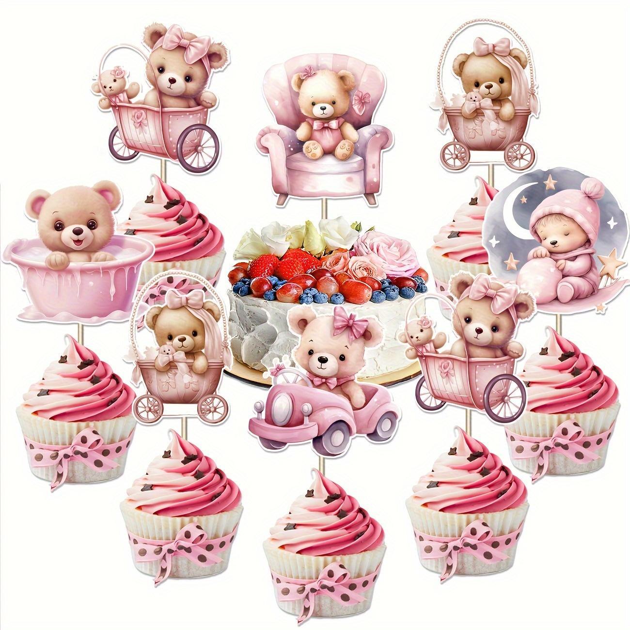 Bear & Carriage Design Cupcake Topper, 12pcs/set Cute Cartoon Bear Cupcake Picks, Gender Reveal Baby Shower Cake Decoration