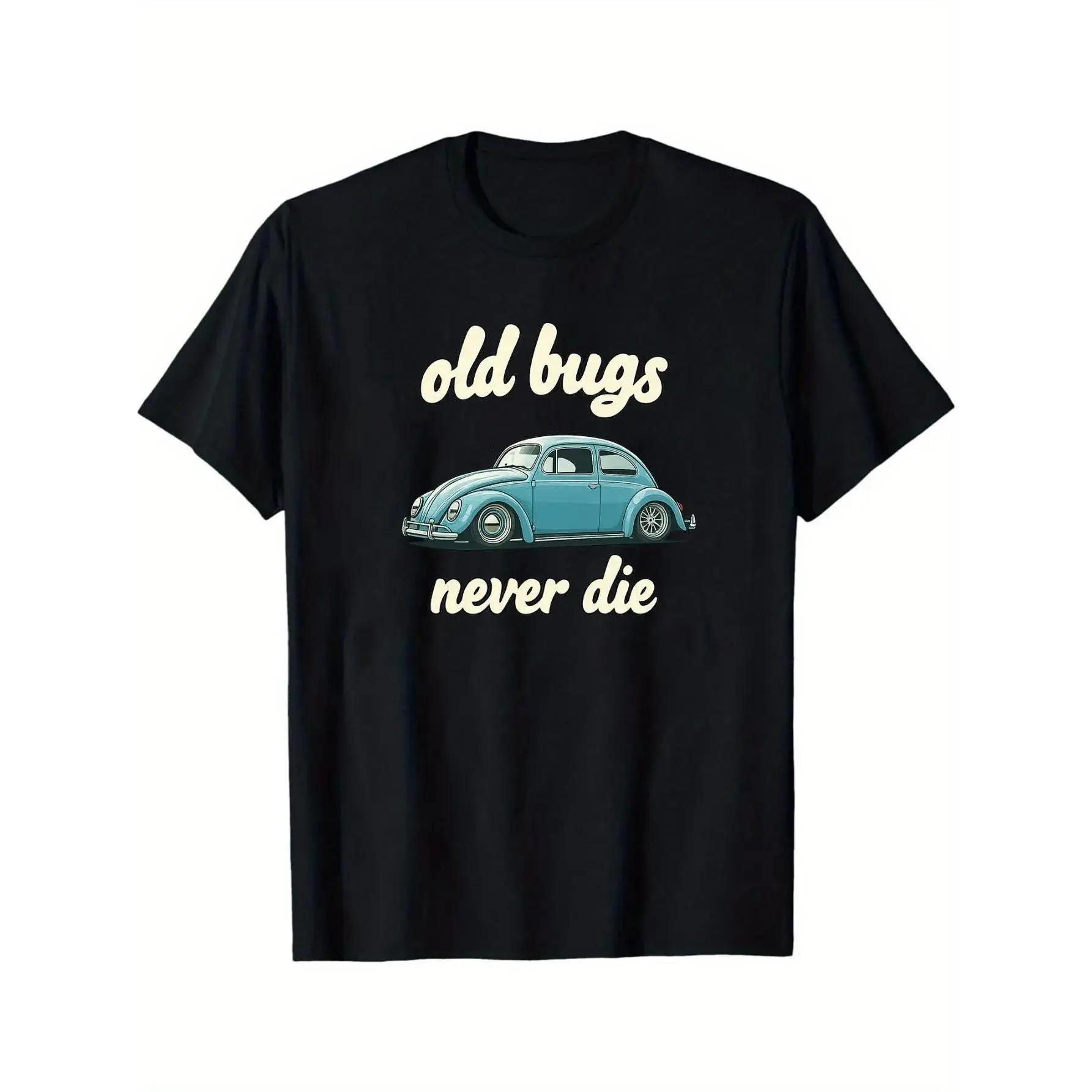 Men's "Old Bugs Never Die" Graphic Tshirt - Classic Volkswagen Beetle Print, Stretch Round Neck Short Sleeves Cotton Menswear, Casual Loose Fit, Machine Washable for Parties, Casual Outfits