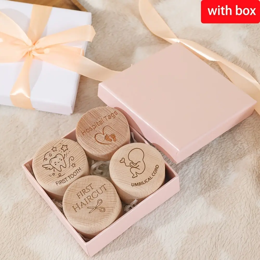 4‑Pack Wooden Baby Keepsake Box Set, Full Teeth, First Haircut, Umbilical Cord & Hospital Tag Storage Boxes with Gift Package, Baby Tooth & Fetal Hair Holder, Newborn Birth Souvenir