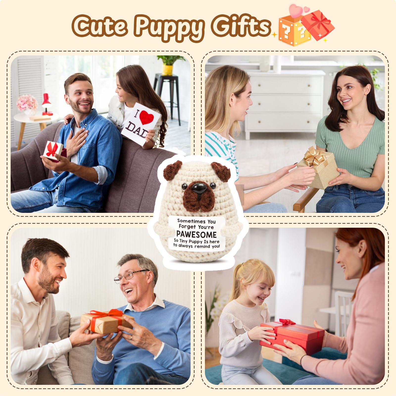 Mini Positive Crochet Dog,Funny Emotional Support Crochet Stuffed Gifts Cute Crochet Animals with Positive Messages Emotional Support Crochet Animals Handmade Crochet Puppy Inspirational Crochet Gift