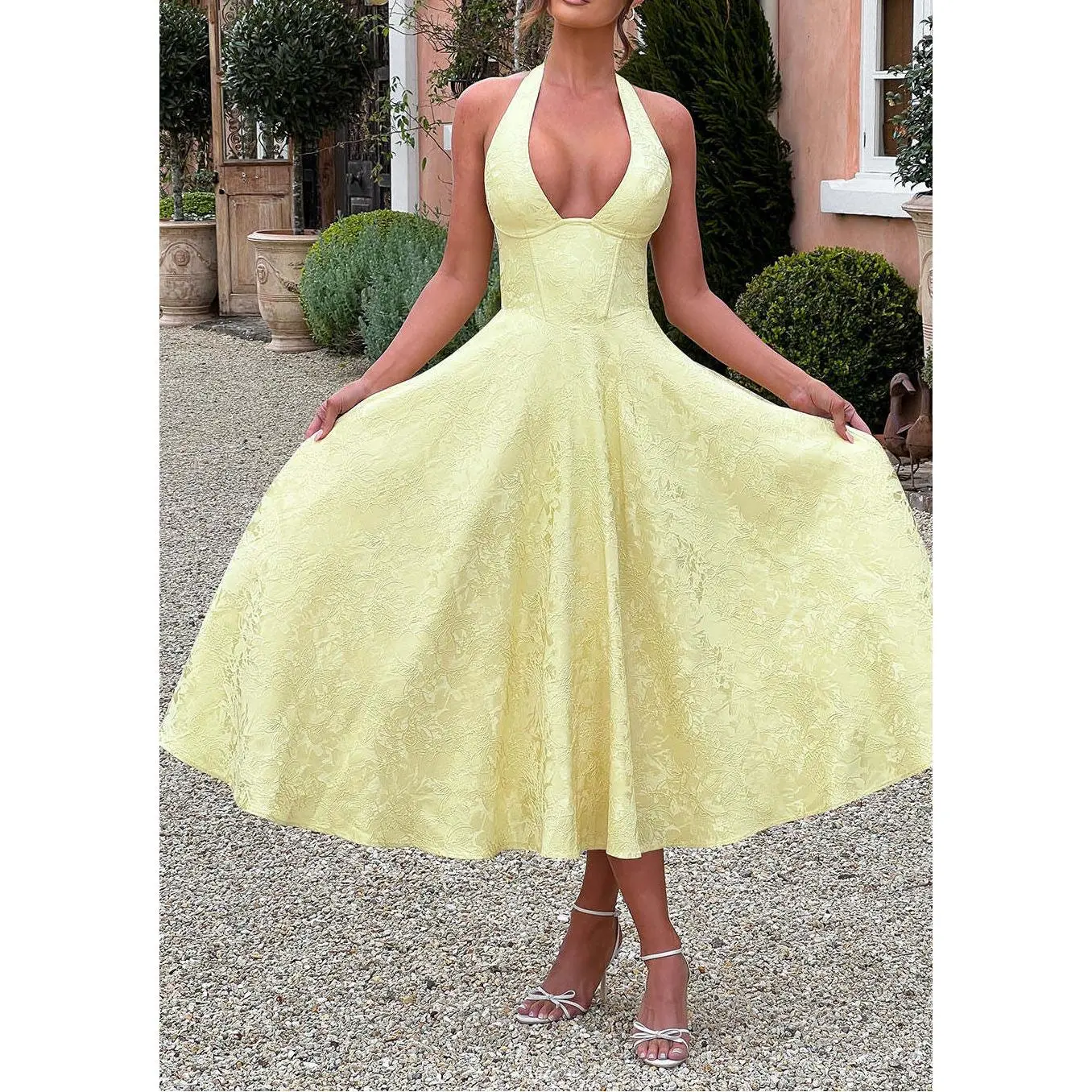 Vintage French Bow Vacation Dress Wholesale Women's V-Neck Halter Jacquard Maxi Dress Elegant Resort Long Dress Bulk Supply Must-Have Head Turner Holiday Outfit
