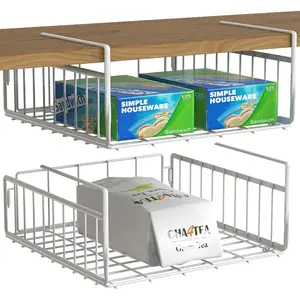 Simple Houseware Under Shelf Basket, White – 2-Pack Space-Saving Storage Organizer for Kitchen, Pantry, Closet, Office – Wire Metal Shelf Organizer, No Tools Required