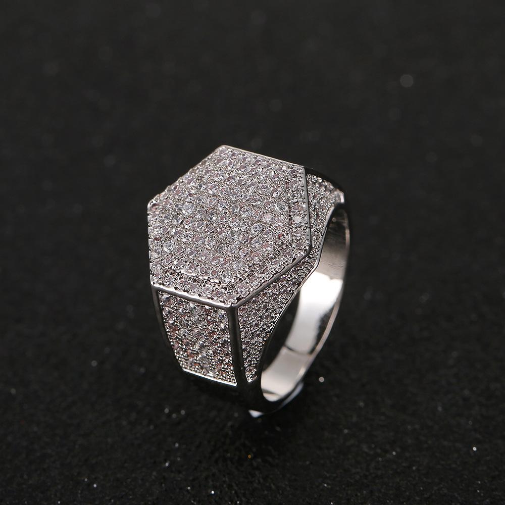 Luxury Iced Out Signet Ring for Men, Sparkly Silver and Golden Geometric Band Ring, Bold Hip Hop Statement Jewelry, Expensive Look Gift Piece