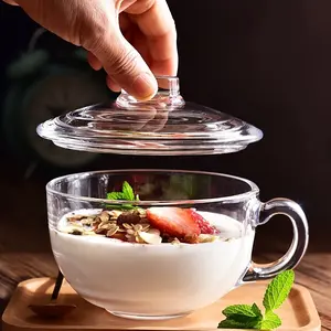 1 set Large-capacity tempered glass cup with lid and handle. Thick breakfast oatmeal cup and milk glass cup. Microwave oven resistant. Suitable for desserts, pasta, rice. As a gift. Drinking Glassware