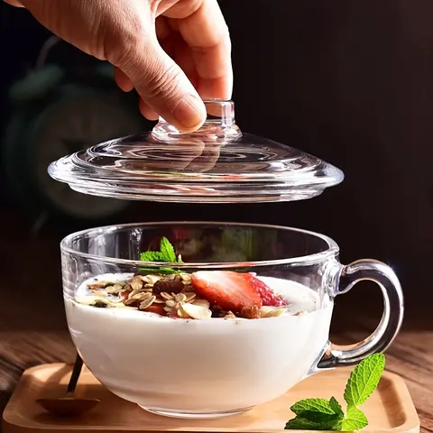 1 set Large-capacity tempered glass cup with lid and handle. Thick breakfast oatmeal cup and milk glass cup. Microwave oven resistant. Suitable for desserts, pasta, rice. As a gift. Drinking Glassware Glass Beverage Cups