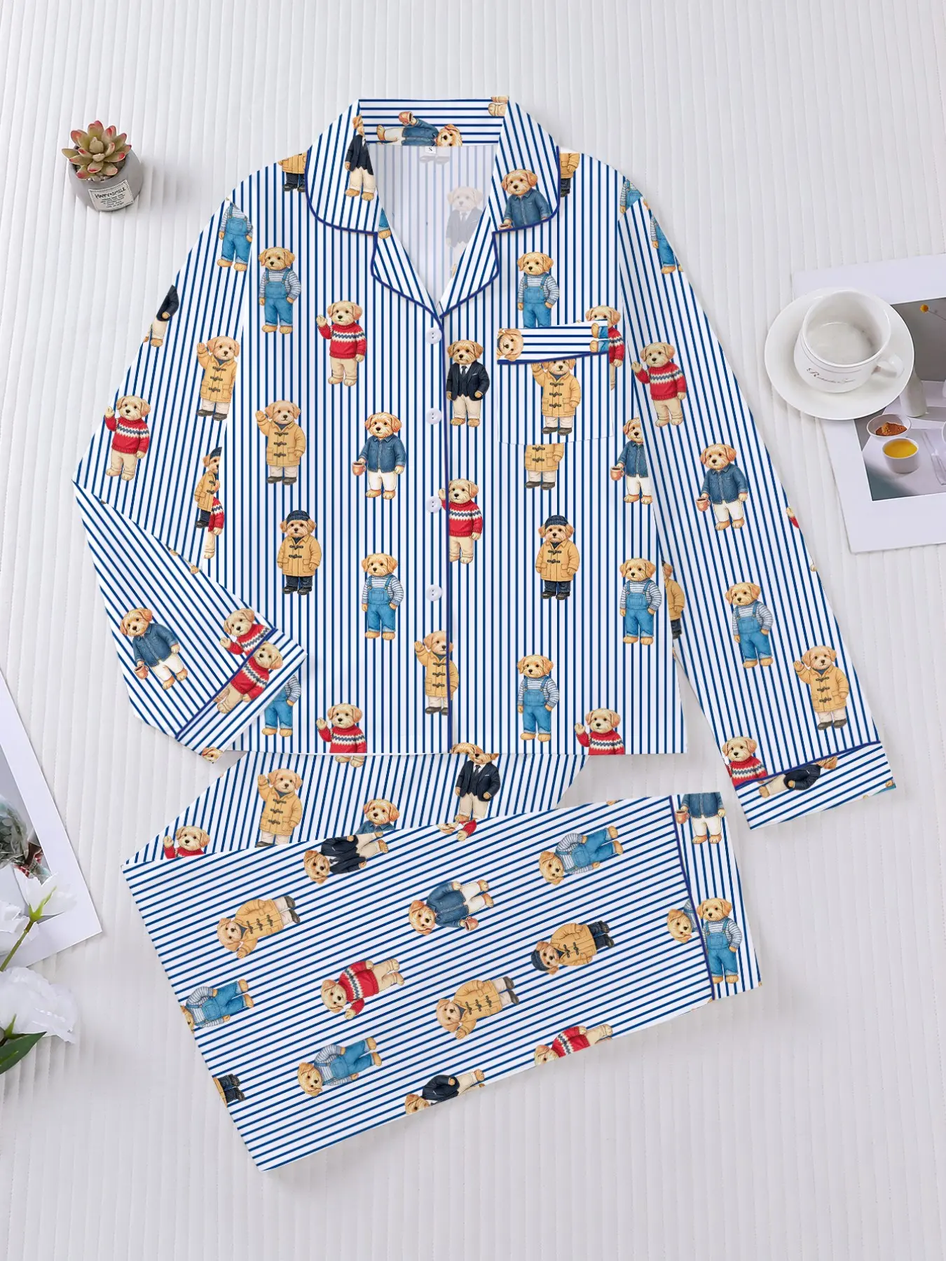 Women's 2-Piece Fall Winter Pajama Set, Striped Puppy Print, Festive Party Sleepwear, Soft Elastic Fabric, Casual Outdoor Home Comfort, Loungewear