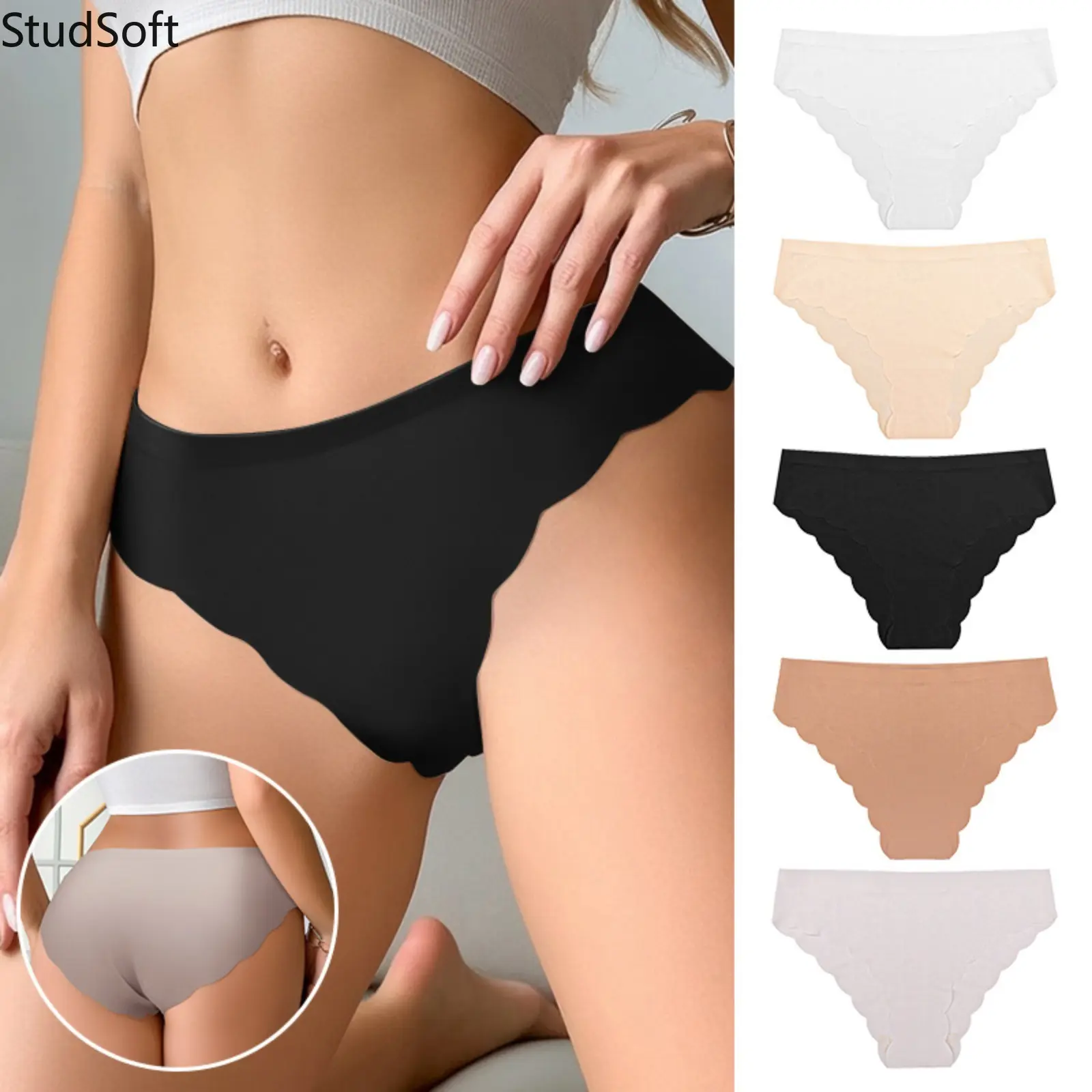 5 Pack Seamless Women's Panties Scalloped Wave Edge Bikini Briefs No Show Ice Silk Underwear Multi Pack Comfy Cotton Crotch Lingerie for Daily Gym Wear, Panty, 5Pc, Daily Wear