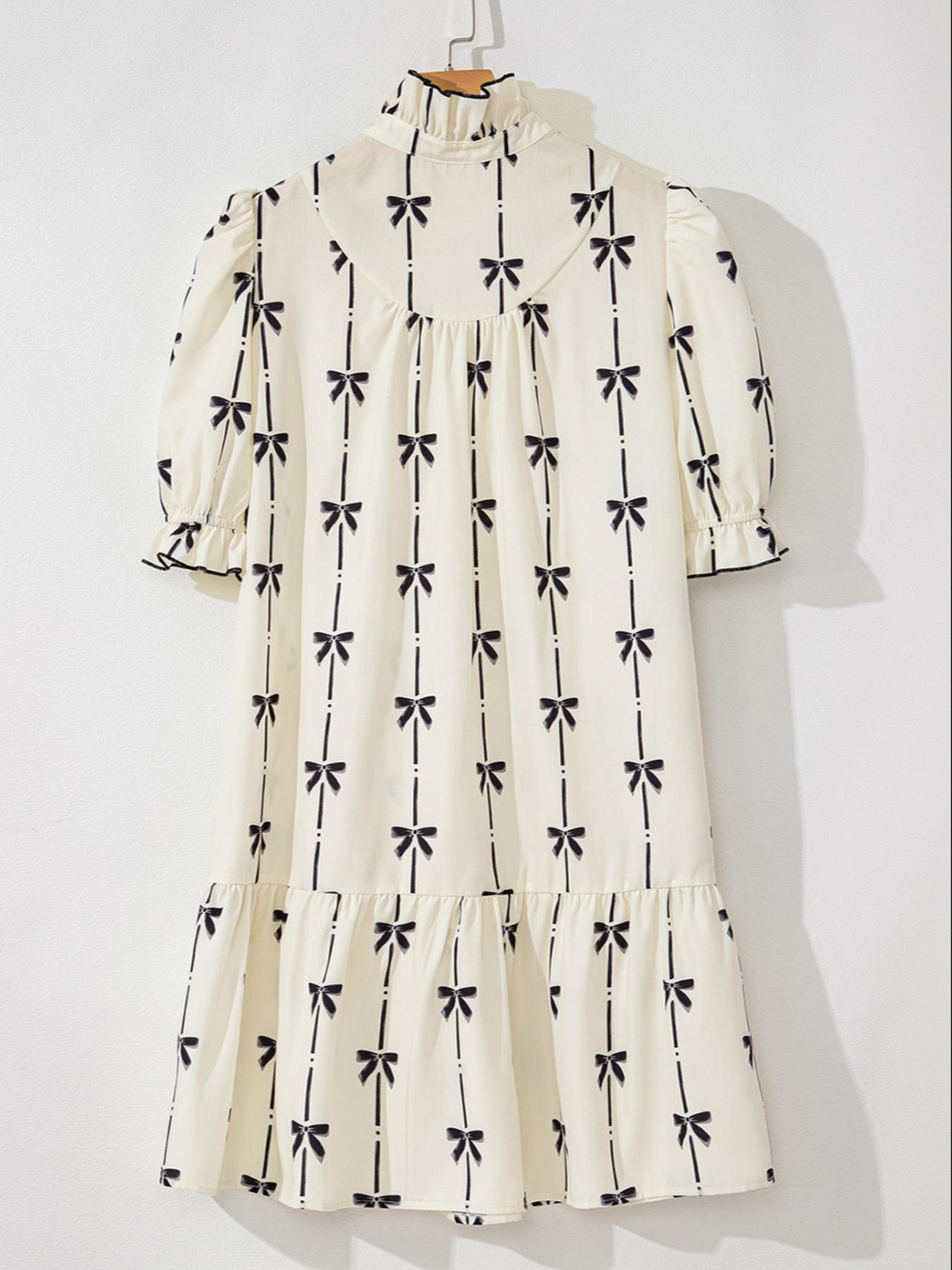 Women's Bowknot Print Bubble Sleeve Dress, Fashion Casual Fitted Short Sleeve Dress for Daily Outdoor Wear, Ladies Clothes for All Seasons