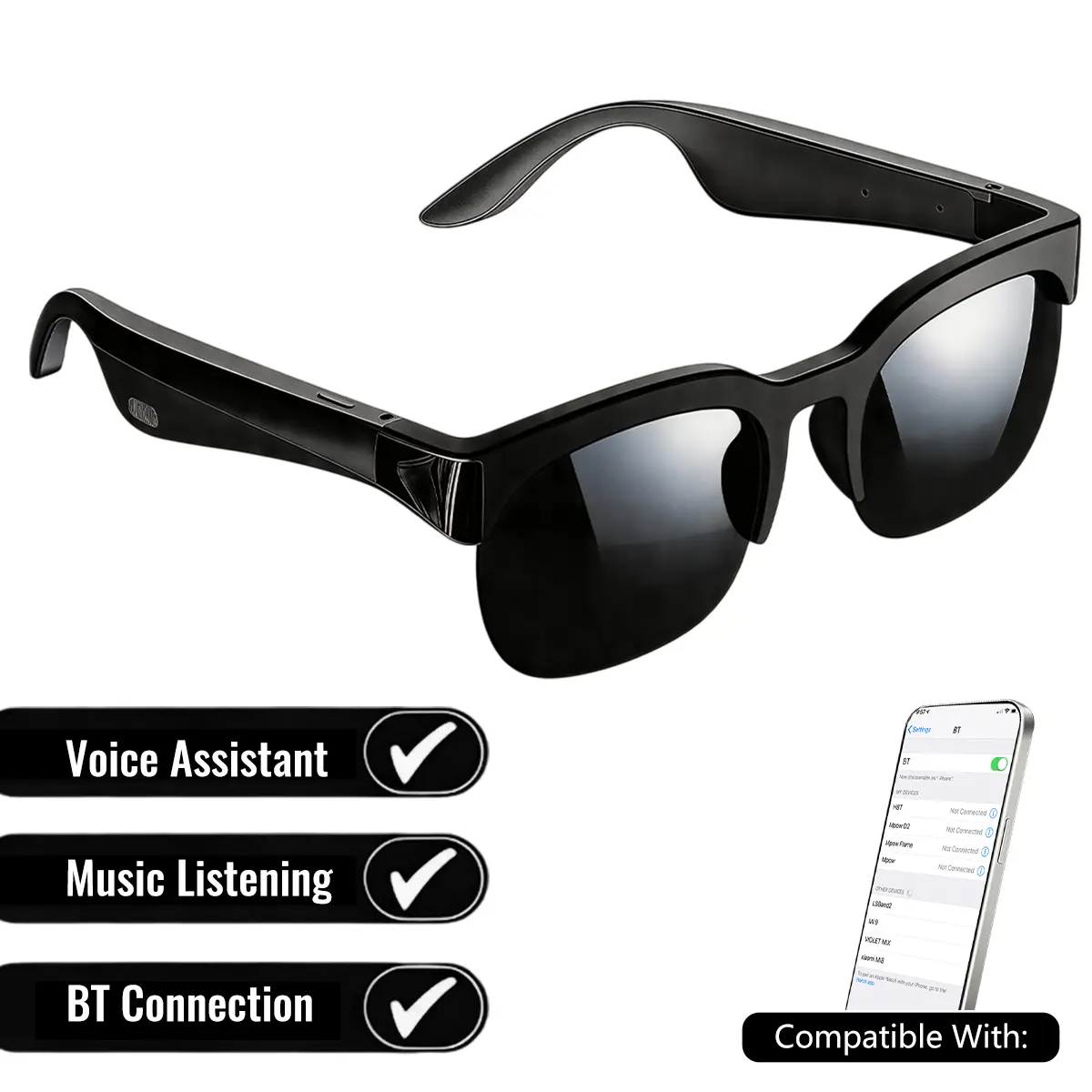 Smart Glasses, Wireless Bluetooth Audio Sunglasses with Voice Control, UV Protection & Bluetooth Connection, Wearable & Versatile for Sports, Travel & Work, Great Gift for Men Women