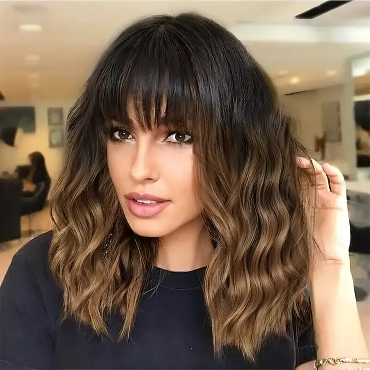 Ombre Colore Short Bob Wigs For Women 16" Wavy Wig With Bangs Natural Looking Synthetic Ombre Brown Black Root Wigs For Daily Party Use