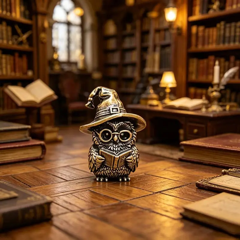Brass Wizard Owl Statue, Magical Decorative Figurine, Round Owl with Wizard Hat, Vintage Glasses, Reading Book, Perfect for Retro American Walnut Desk, Coffee Corner